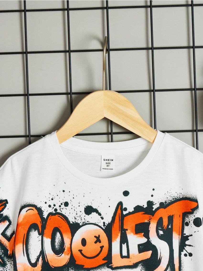 SHEIN Tween Boy Loose Fit Comfortable Casual T-Shirt With Emoticon & Letter Print