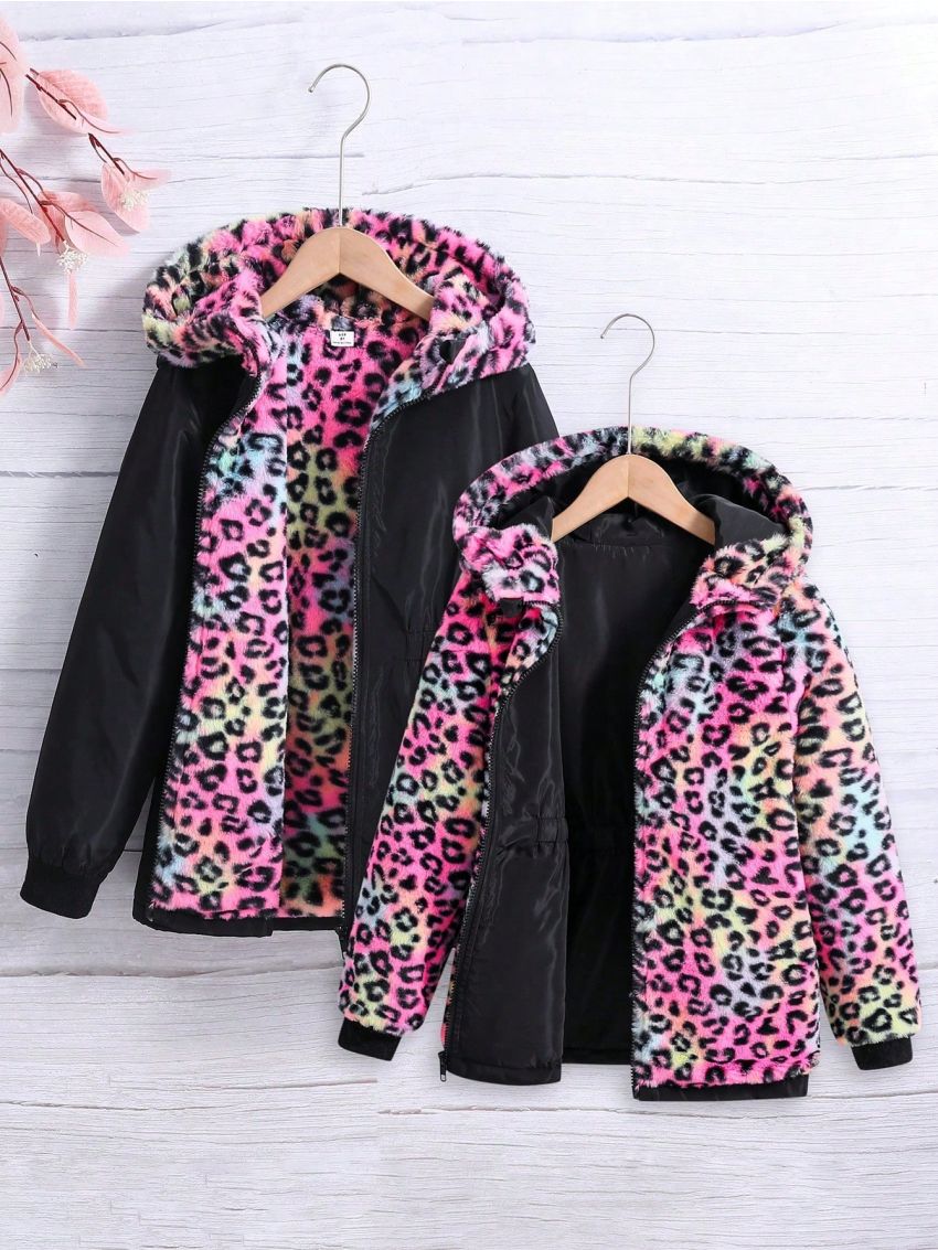 Teen Girls' Reversible Tie-dye Leopard Print Faux Lamb Wool Coat