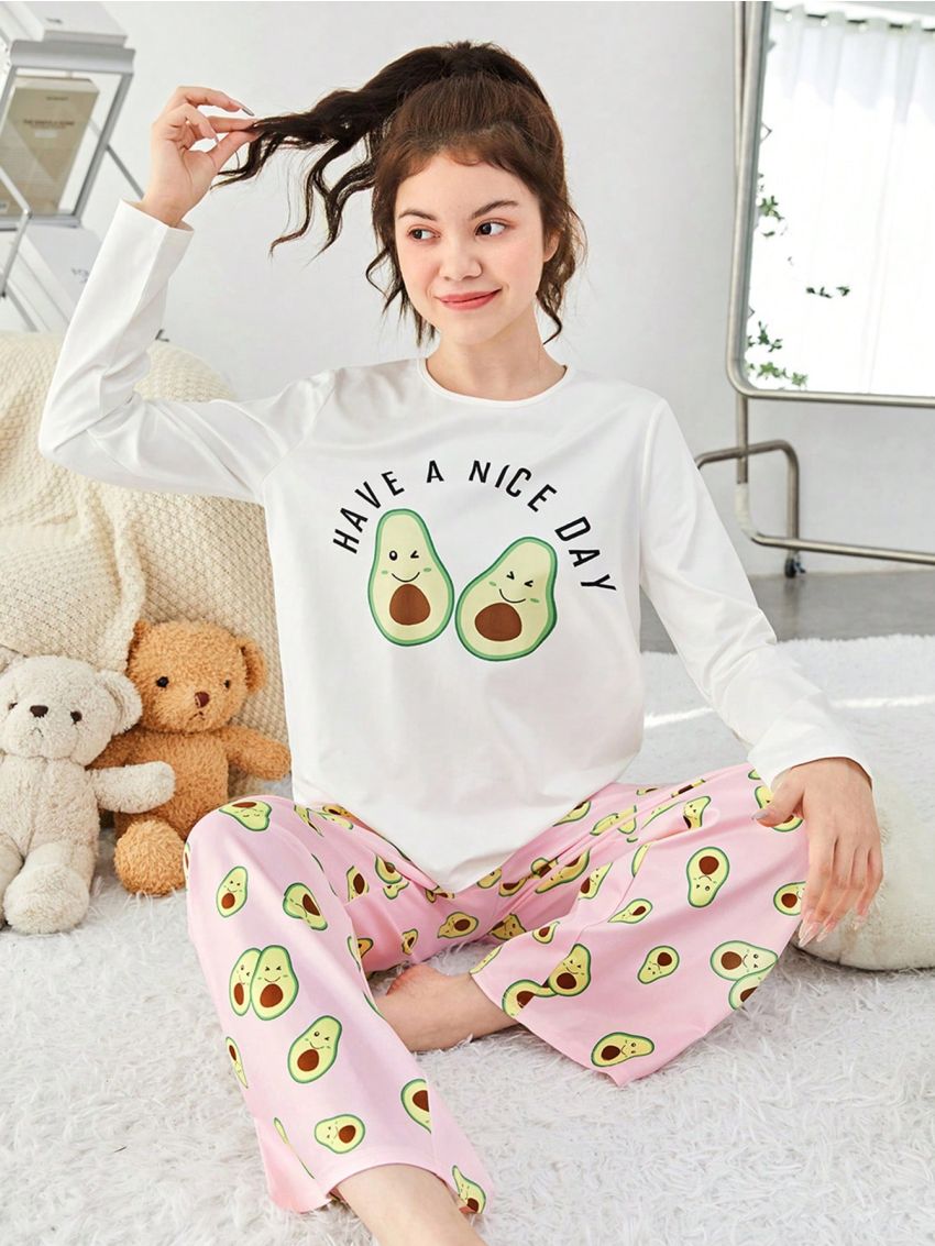 SHEIN Teen Girls' Knitted Cute Avocado Pattern T-shirt And Long Pants Homewear Set