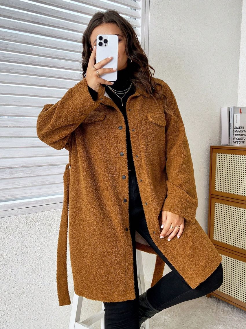 SHEIN Privé Plus Drop Shoulder Belted Teddy Coat