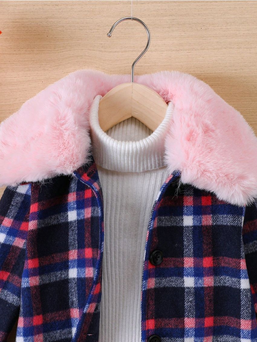 SHEIN Kids Y2Kool Toddler Girls' Sweet & Cool Plaid Woolen Coat For Autumn And Winter