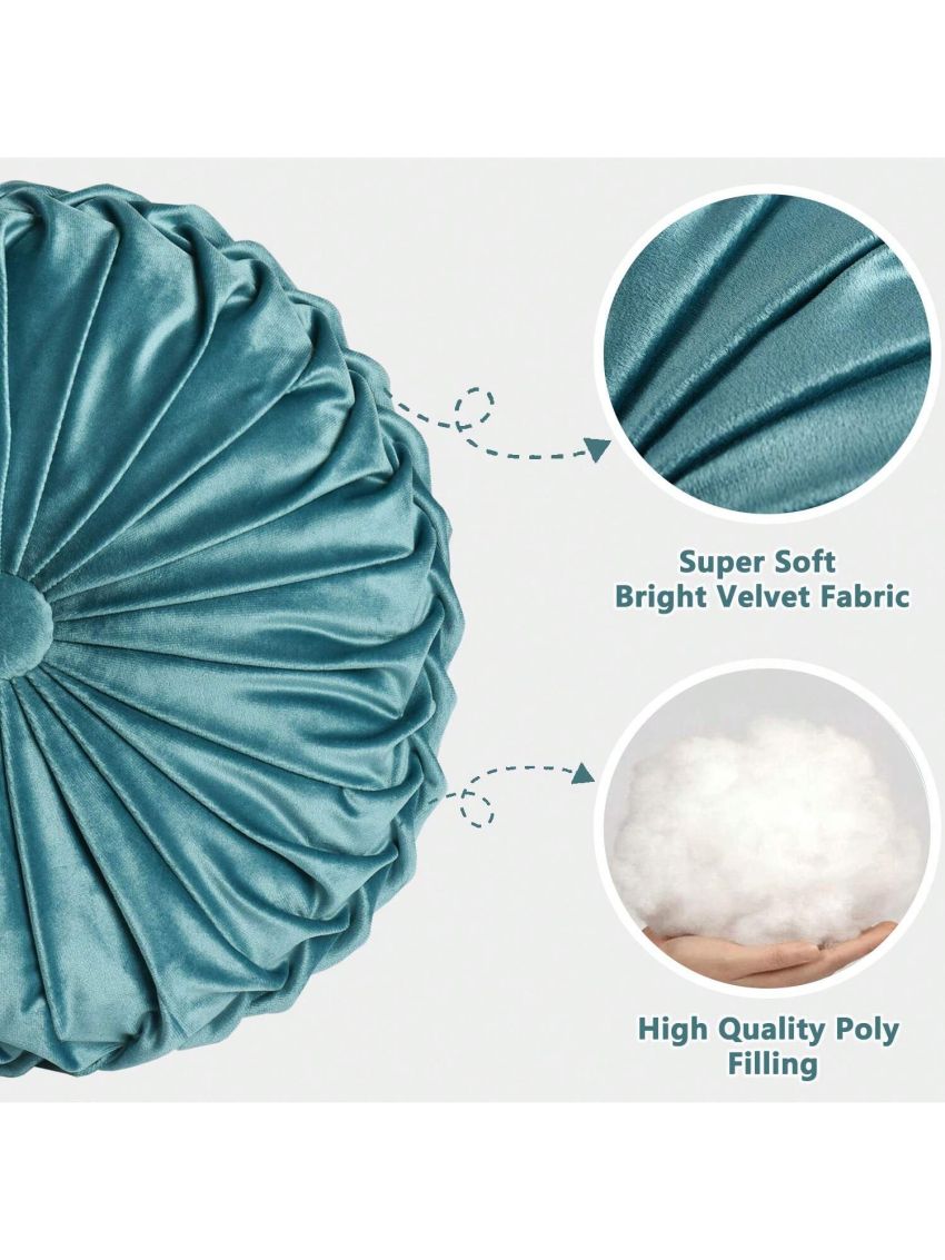 Set of 2 Decorative Round Pleated Throw Pillows, Classy Accent Pumpkin Throw Pillows with Center Button, Vintage Velvet Floor Pillow for Sofa Couch Vanity Chair Bed, 14.5