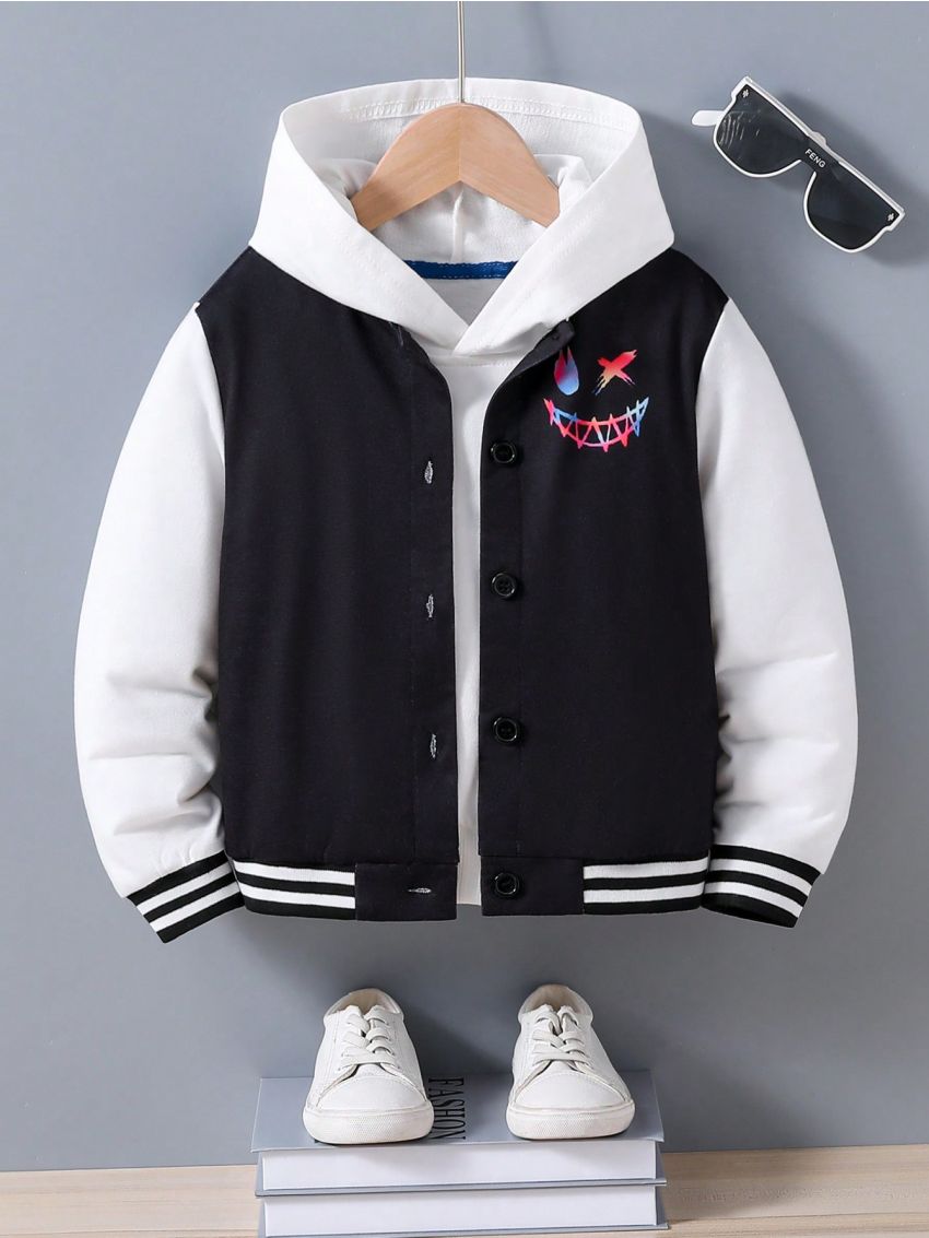 SHEIN Young Boys Contrasting Color E-Cartoon Print Baseball Uniform Jacket Without Sweatshirt