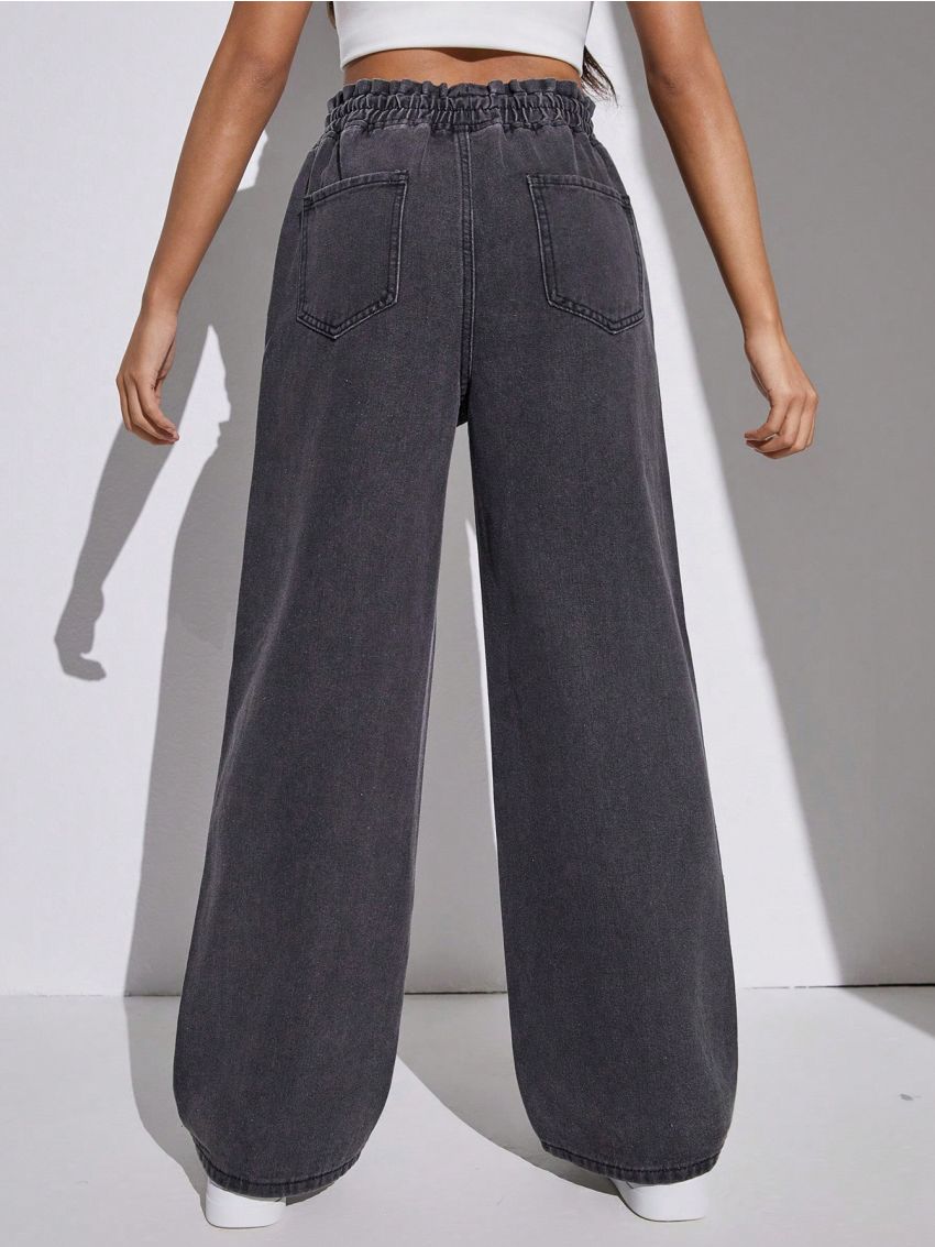 SHEIN Teen Girl Drawstring High Waist Slant Pocket Loose Fit Summer Jeans Wide Leg Denim Pants Grey Washed Baggy Jeans