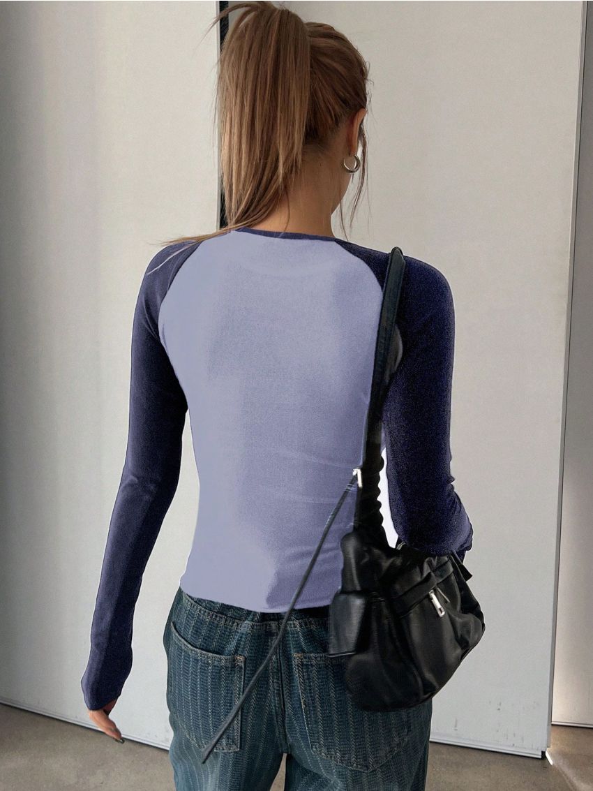 DAZY Spring Round Neck Slim Fit Colorblocked T-Shirt With Drop Shoulder