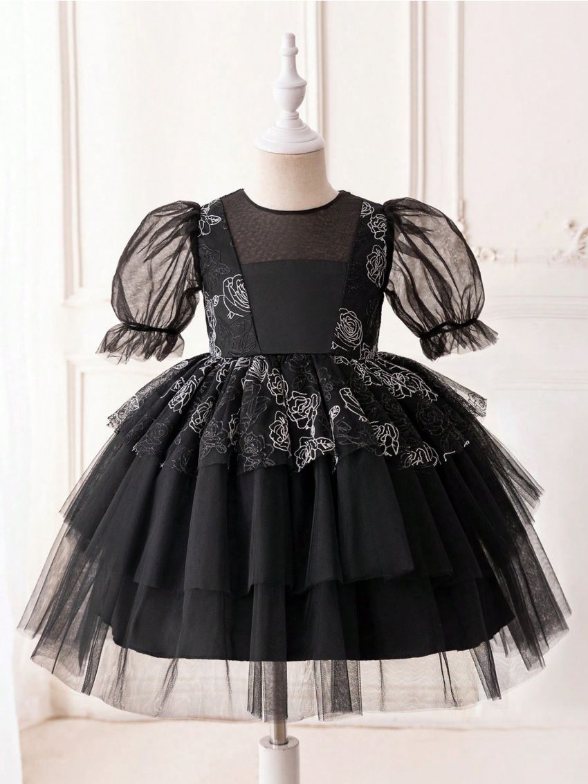 Young Girl Bubble Sleeves Tulle Party Dress