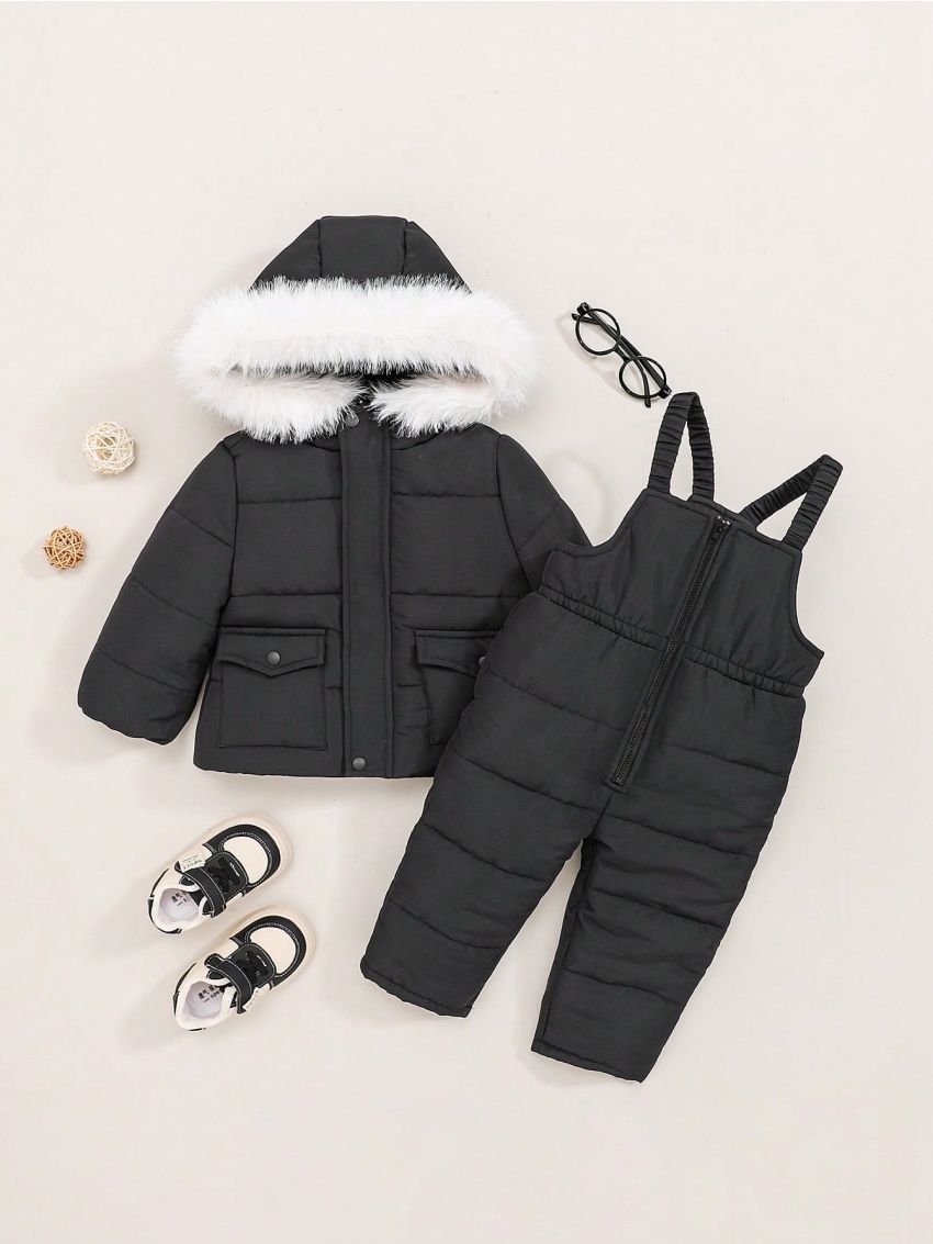 SHEIN 2pcs/set Baby Boys' Hooded -padded Jacket With Fuzzy Collar And Overalls Pants