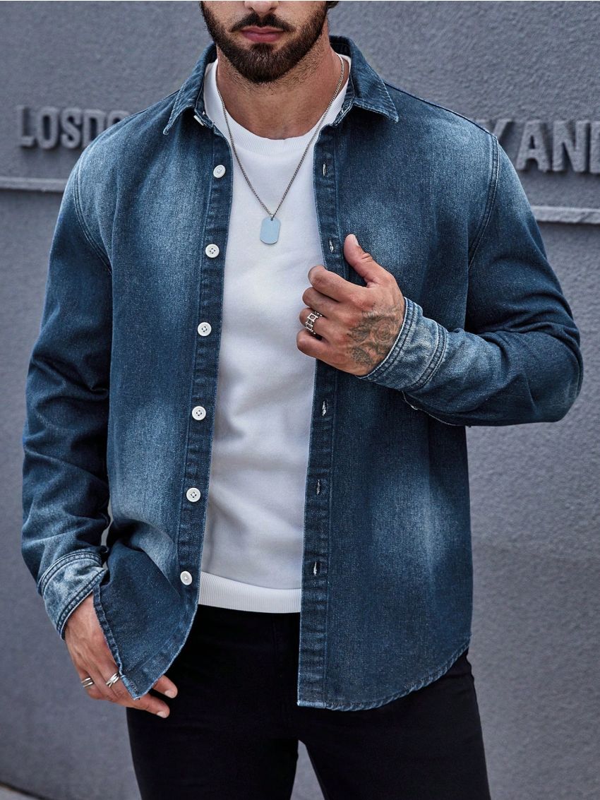 SHEIN Manfinity Homme Men Solid Button Front Denim Shirt