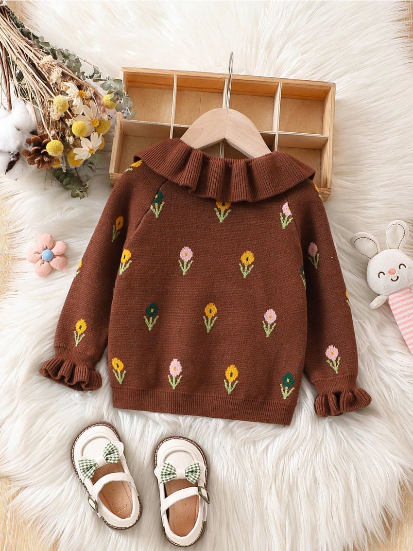 Baby Girls' Sweater With Floral Pattern And Ruffle Edge