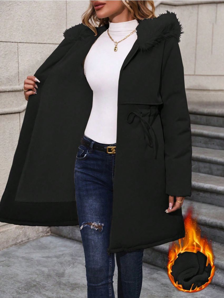 Plus Size Fuzzy Embellished Winter Coat With Drawstring Waist And Warm Lining Hood