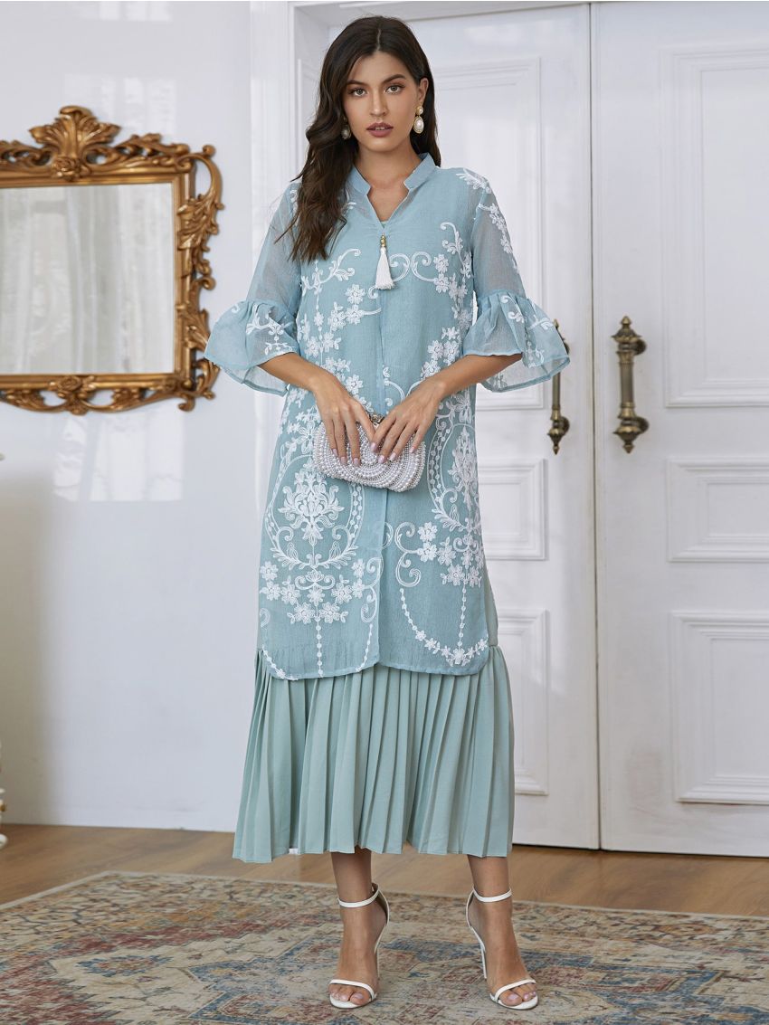 Floral Embroidery Split Tunic With Pleated Hem Dress