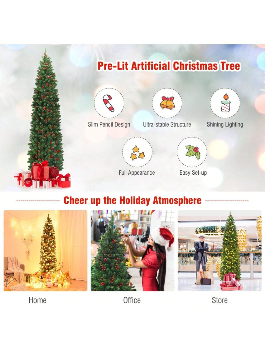 Gymax 7.5Ft Pre-Lit Pencil Christmas Tree Hinged Artificial Slim Tree w/ LED Lights