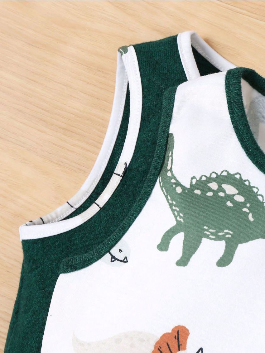 SHEIN Kids QTFun Toddler Boys' 2pcs/set Cute Comfortable Cartoon Dinosaur Pattern Colorblock Hem Tank Top