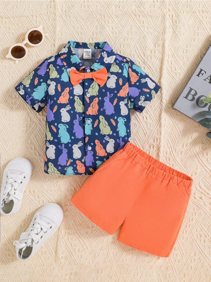 SHEIN Baby Boys' Easter Bunny Printed Short Sleeve Shirt And Solid Color Casual Shorts Set