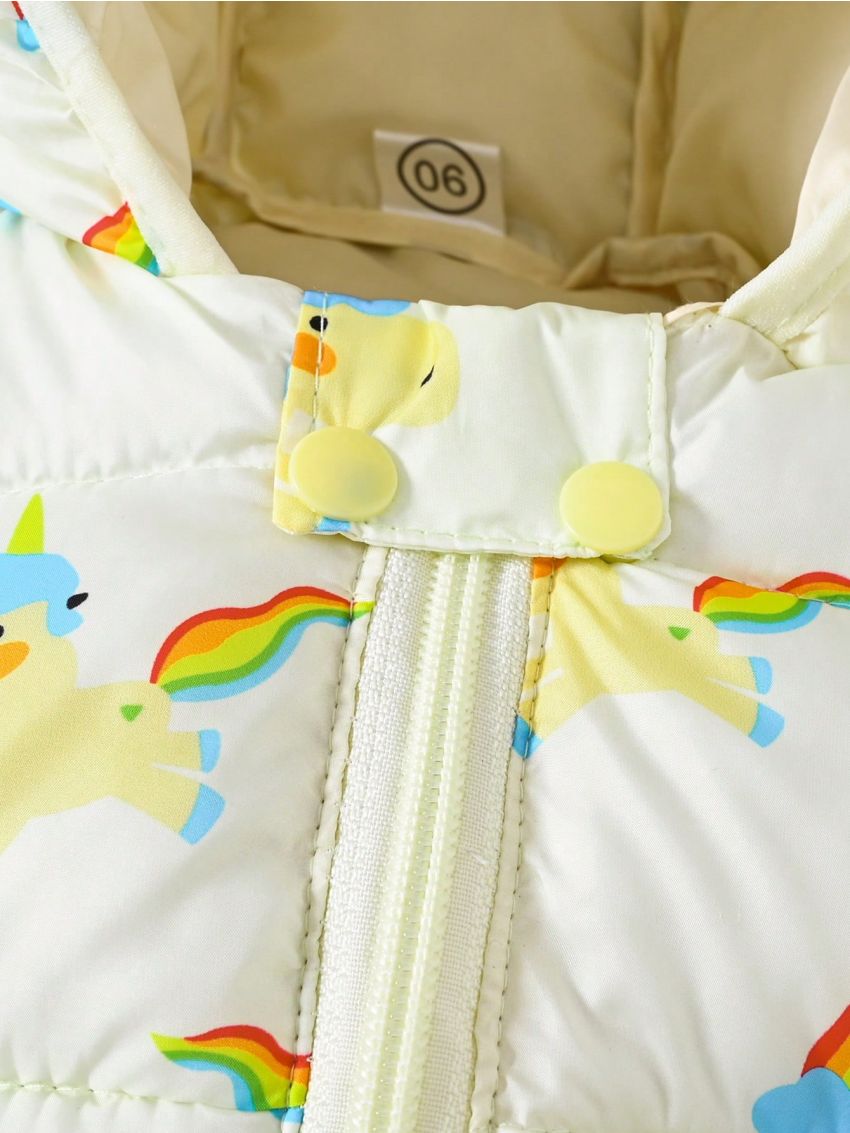 Baby Girl Rainbow & Unicorn Print 3D Ear Design Hooded Puffer Coat