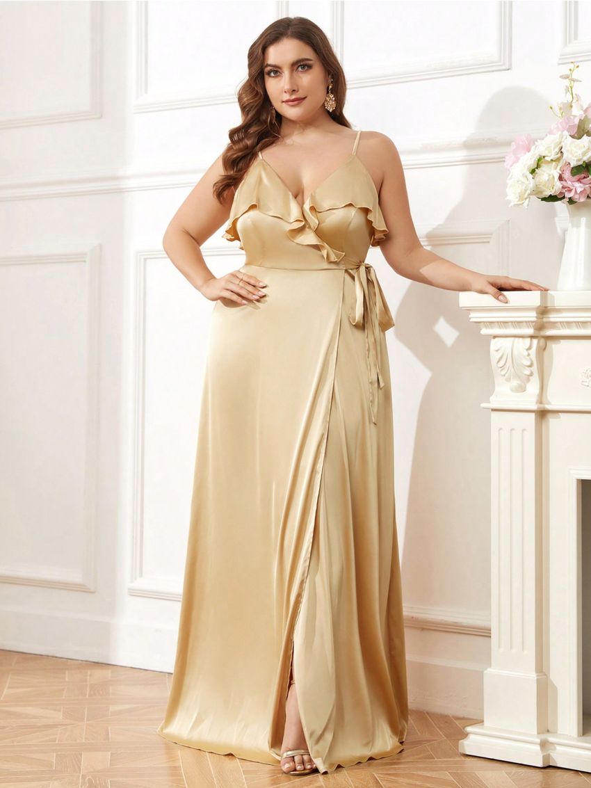 SHEIN Belle Plus Size Women's Apricot Satin Ruffled Wrap Lace Formal Dress Wedding Dress Bridesmaid Dress