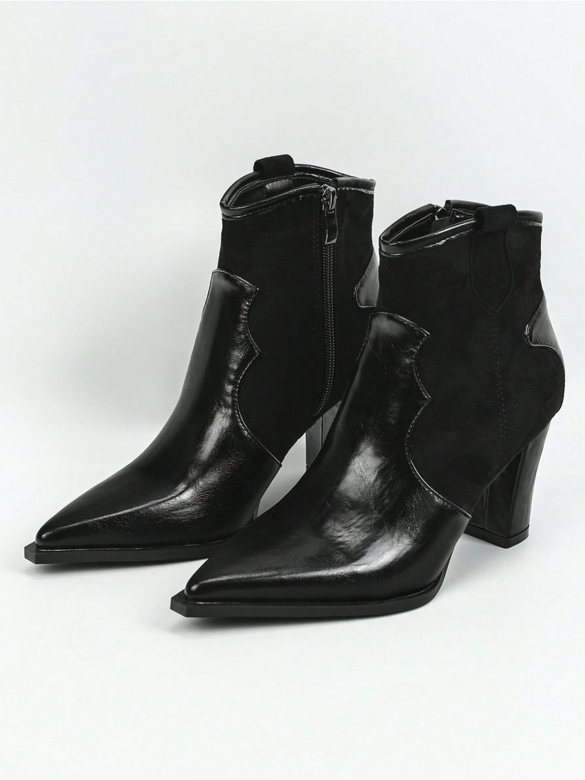 Women's Fashionable Black Chunky Heel Ankle Boots, Western Style