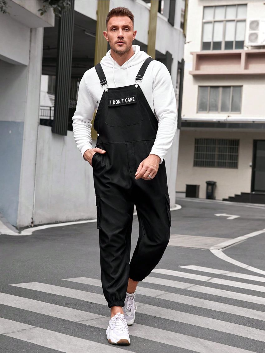 SHEIN Extended Sizes Men's Plus Size Letter Patch Woven Casual Dungarees