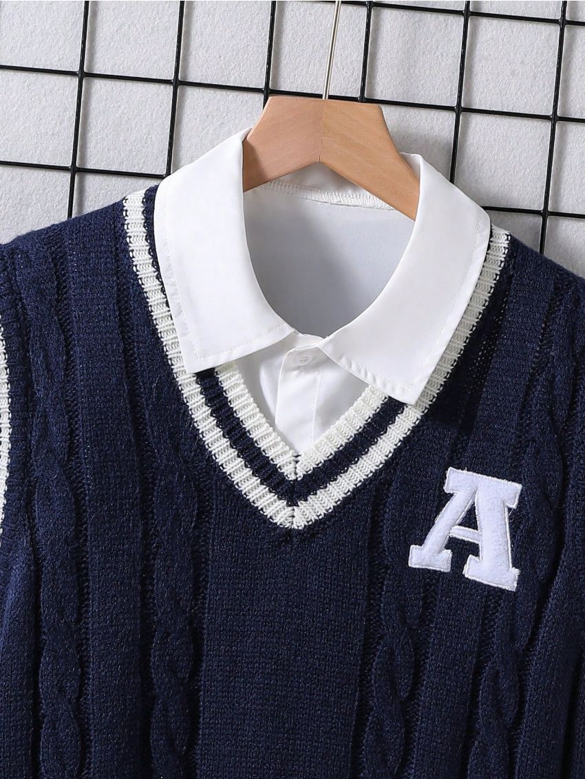 Boys' Teenagers' Contrast Stripe & Letter Embroidery Patch Sweater Vest