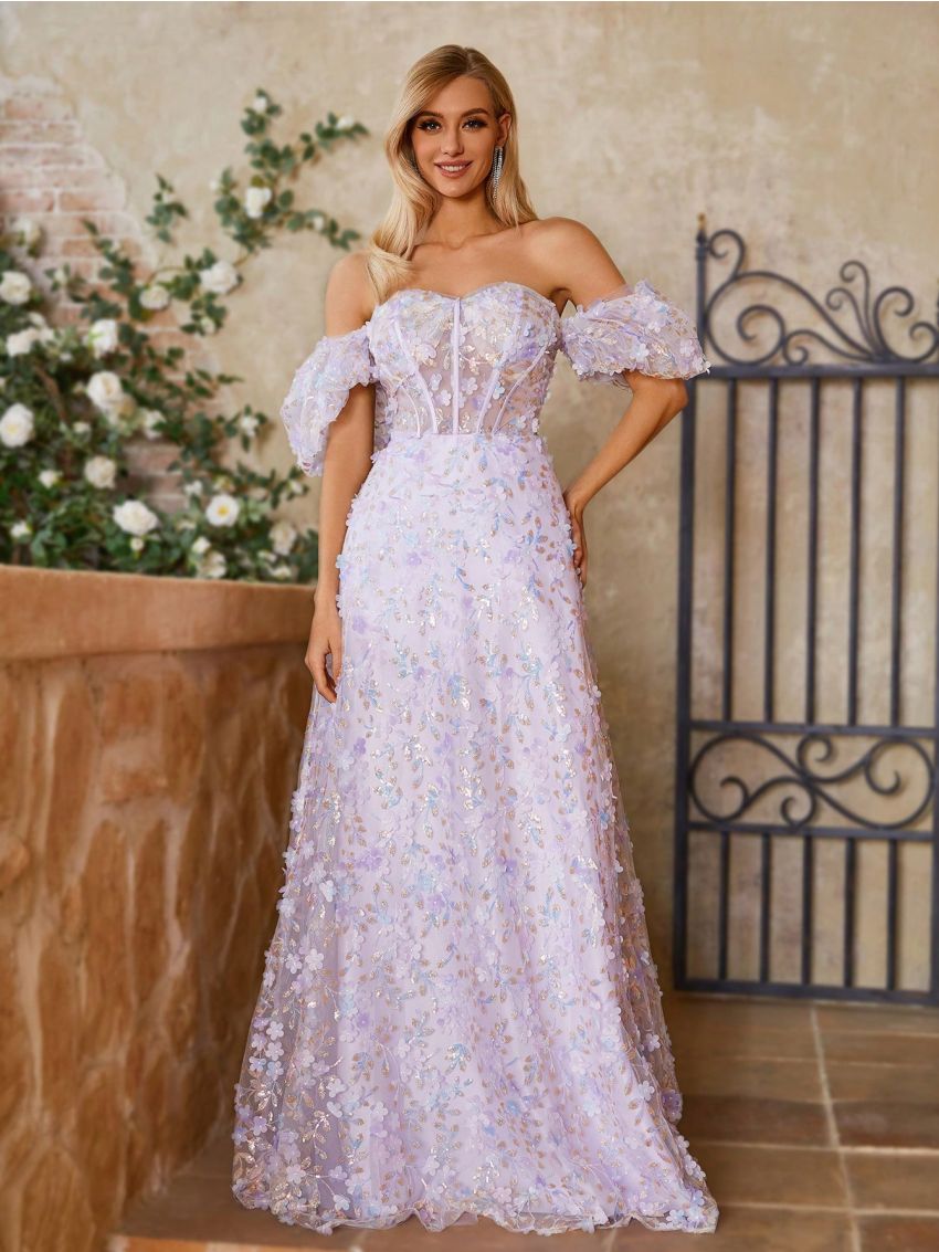 SHEIN Belle Women's Off Shoulder Embroidered Evening Dress