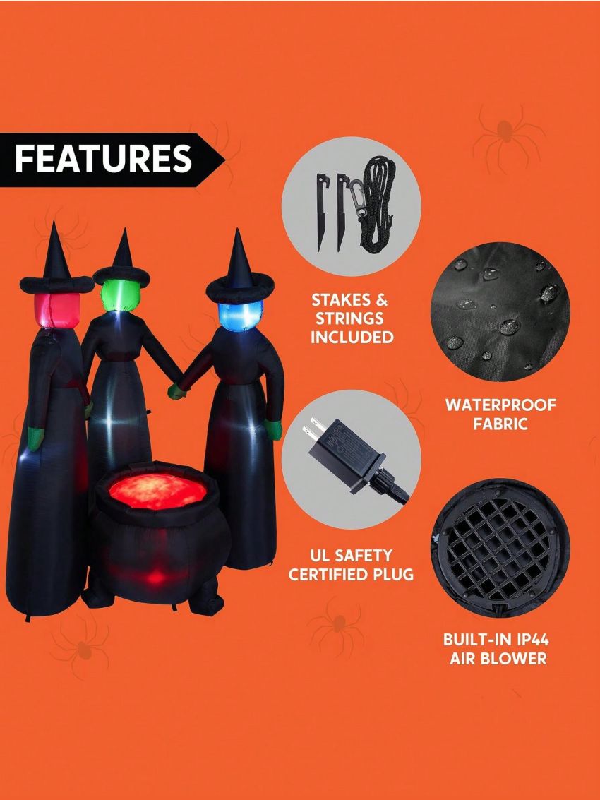 6 FT Tall Halloween Inflatable Three Witches Around Cauldron with Flame Light Inflatable Yard Decoration Blow Up Inflatables with Build-in LEDs for Halloween Party Indoor, Outdoor Decorations