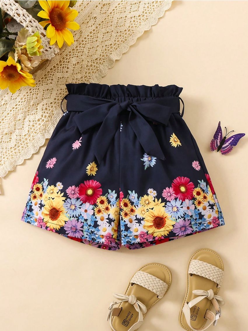 SHEIN Kids FANZEY Little Girls' Paper Bag Waist Floral Printed Belted Shorts
