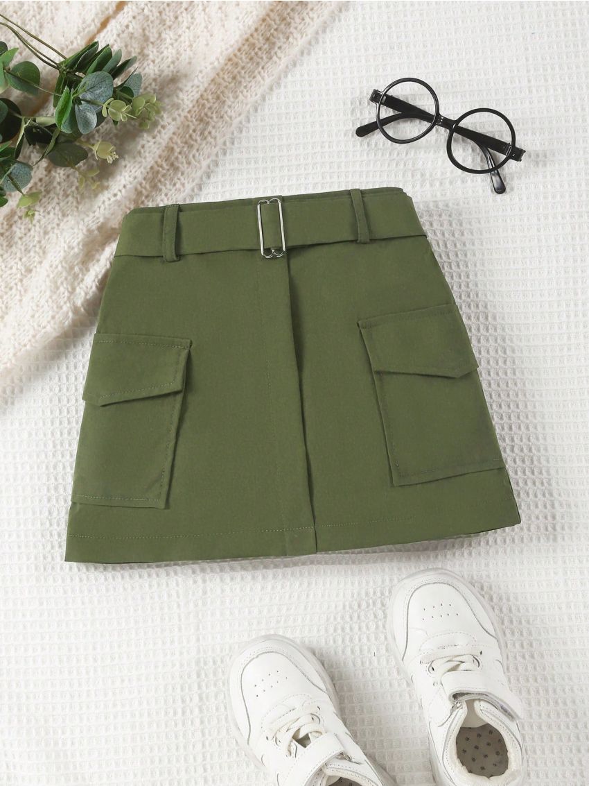 SHEIN Kids HYPEME Young Girl Casual Flip Pocket & Belt Detail Skirt, Suitable For Summer