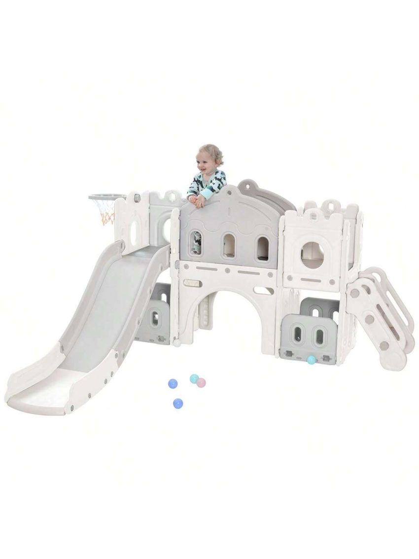 Merax Kids Slide Playset Structure, Freestanding Castle Climber with Slide and Basketball Hoop, Toy Storage Organizer for Toddlers, Kids Climbers Playhouse for Indoor Outdoor Playground Activity