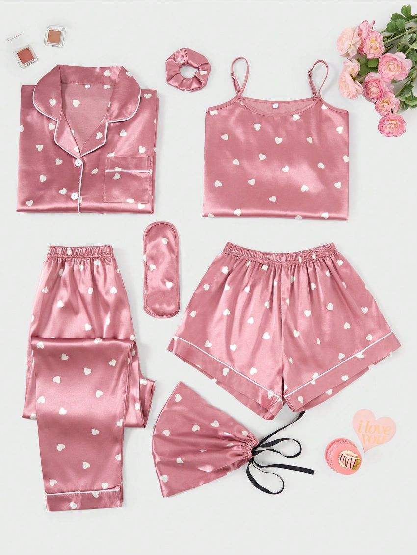 7pcs/Set Imitation Silk Heart Pattern Printed Homewear Pajama Set