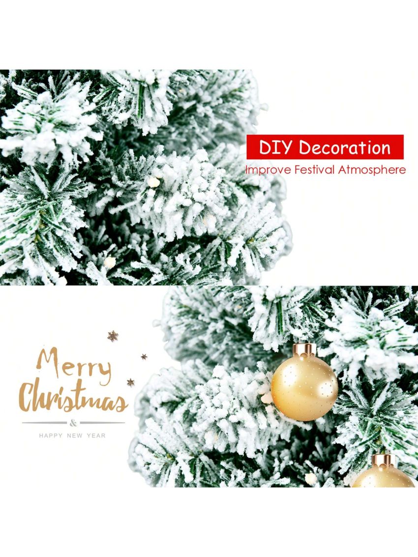 Gymax 6ft Pre-lit Snow Flocked Christmas Tree Hinged Pine Tree Holiday Decoration