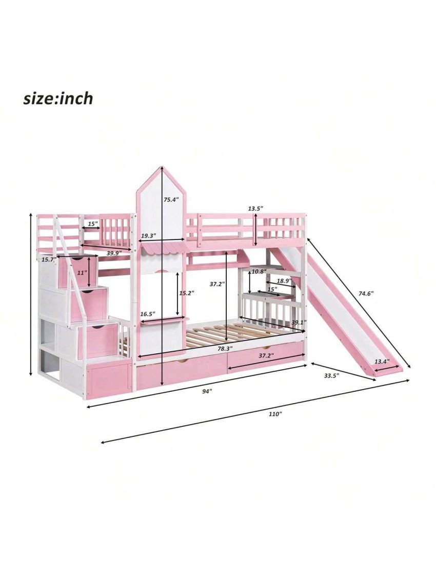 Merax Twin-Over-Twin Castle Style Bunk Bed with 2 Drawers 3 Shelves and Slide