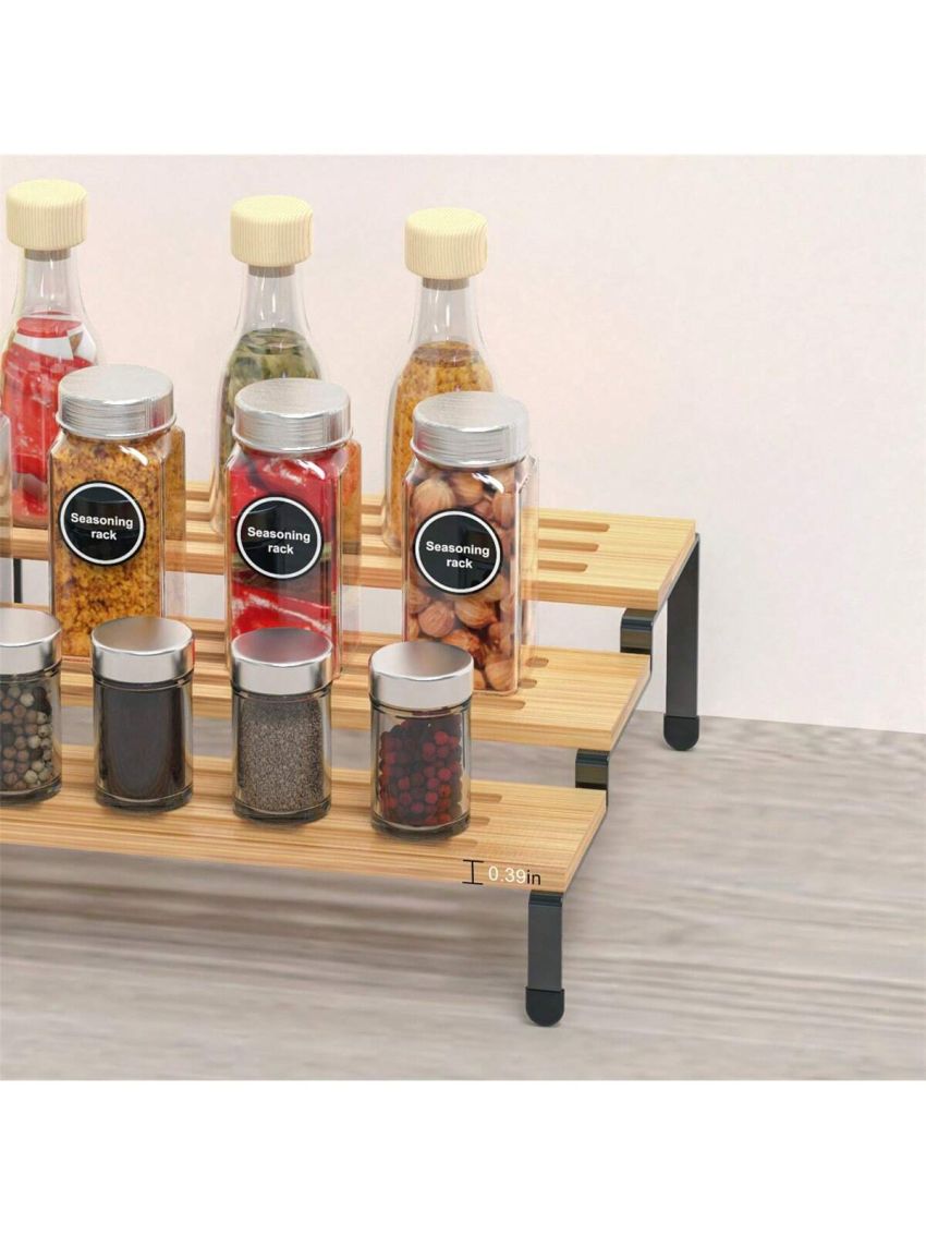 3 Tier Bamboo Spice Rack Organizer, Expandable Spice Seasoning Jars Shelf with Protection Railing for Kitchen