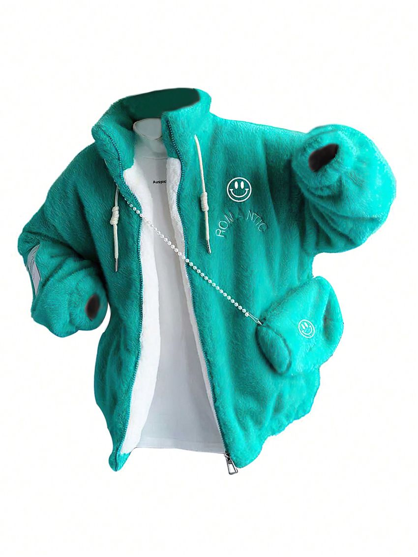 Tween Girl Letter Embroidery Fuzzy Coat