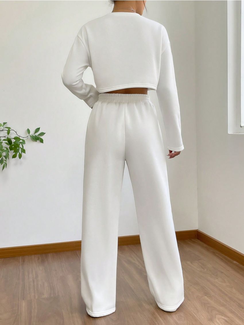 SHEIN EZwear Letter Graphic Drop Shoulder Crop Tee & Ripped Wide Leg Pants