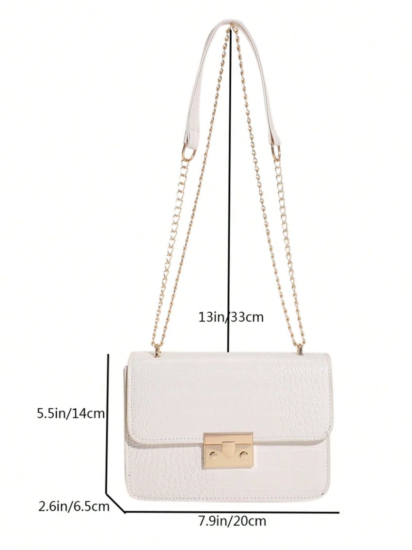 Versatile Lock Hasp Shoulder Bag For Women, PU Leather Crocodile Pattern Solid Color Leisure Crossbody Bags Small Square Tote, Vintage Chain Evening Square Handbag Satchel Purse With Detachable Long Strap, Simple Flap Crossbody Wallet