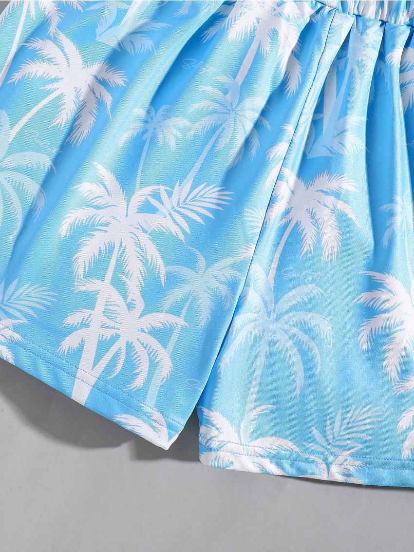 SHEIN Tween Boy's Casual Vacation Palm Tree Print Tight Knit Swim Trunks