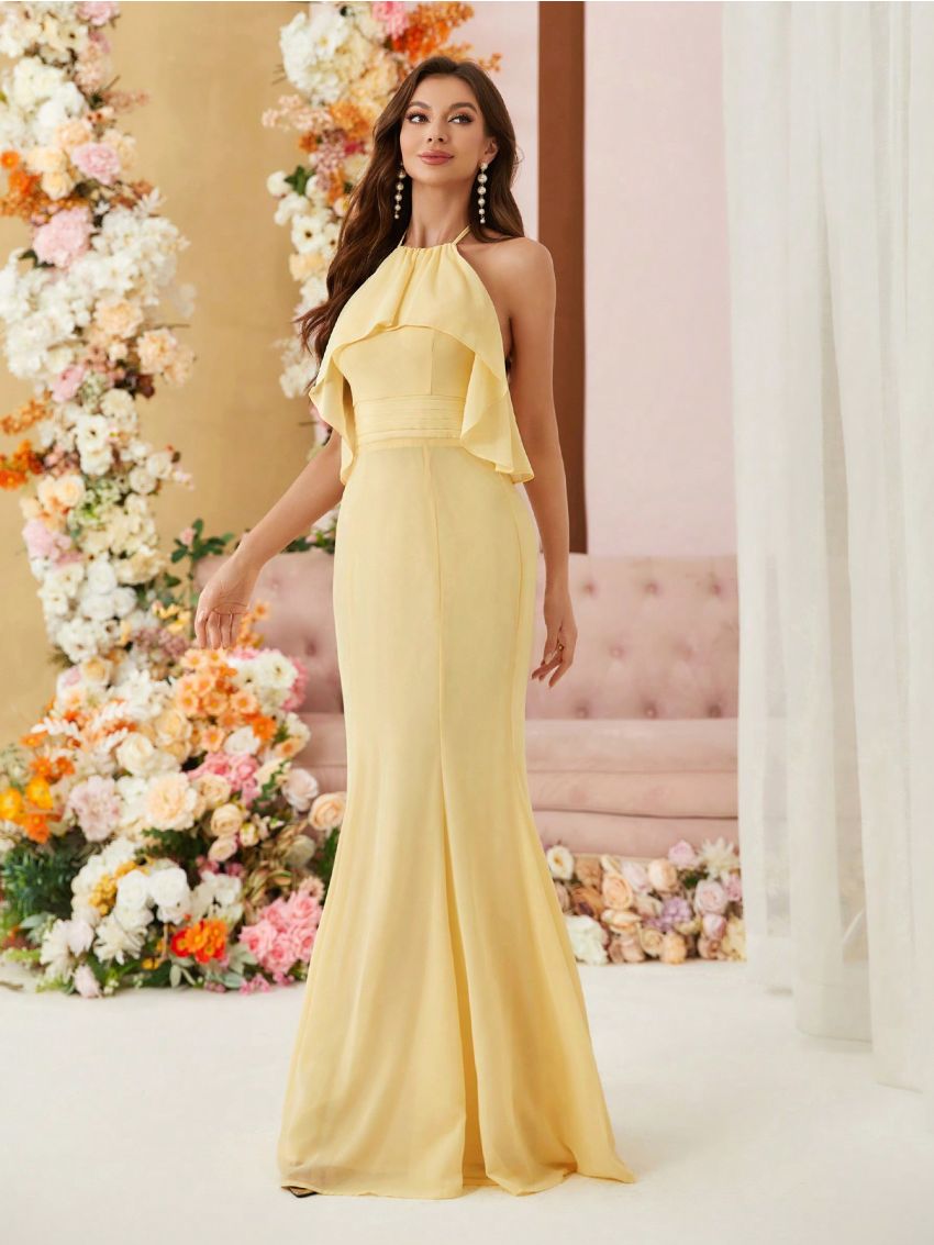 SHEIN Belle Chiffon Bridesmaid Dress With Halter Neck, Gathered Waist, Pleated Detail And Slight Fish Tail