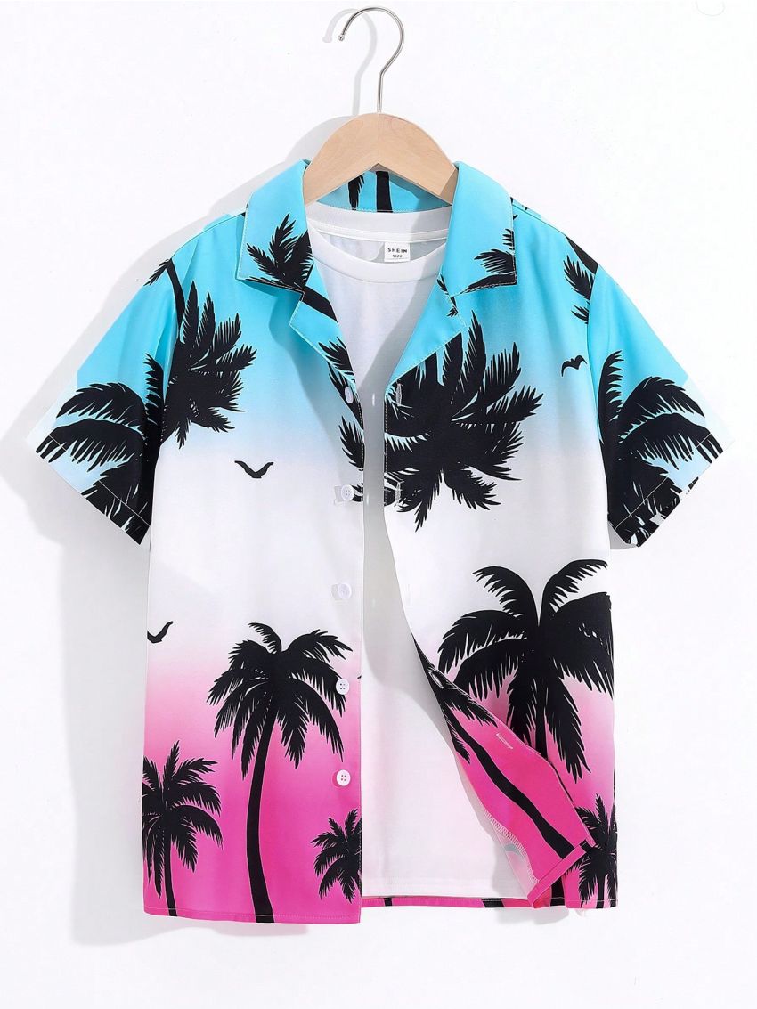SHEIN Boys' Vacation Coconut Tree Printed Collared Loose Woven Shirt