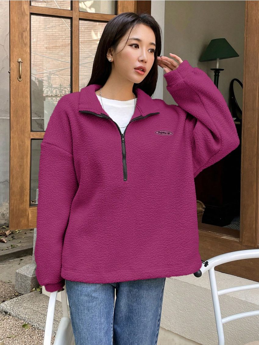 DAZY Letter Patched Half Zip Drop Shoulder Teddy Sweatshirt