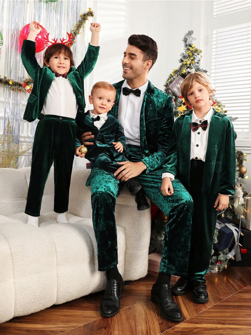 SHEIN Young Boy Single Breasted Velvet Blazer & Pants & Bow Tie Shirt