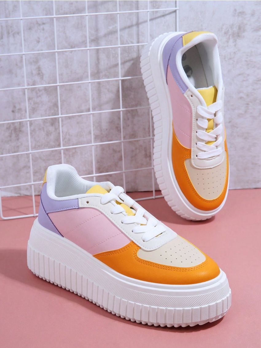 Colorblock Lace Up Front Flatform Sneakers