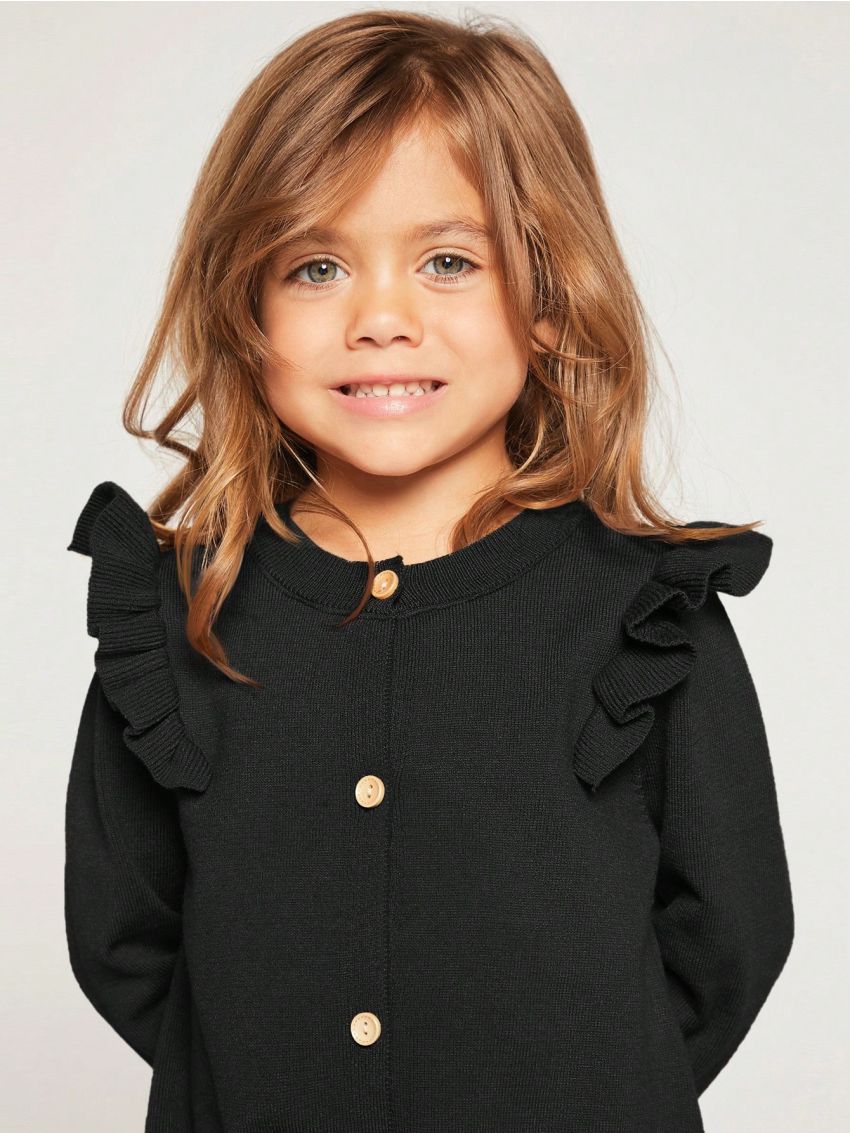 SHEIN Toddler Girls' Long Sleeve Ruffle Trim Cardigan And Knitted Pants Set