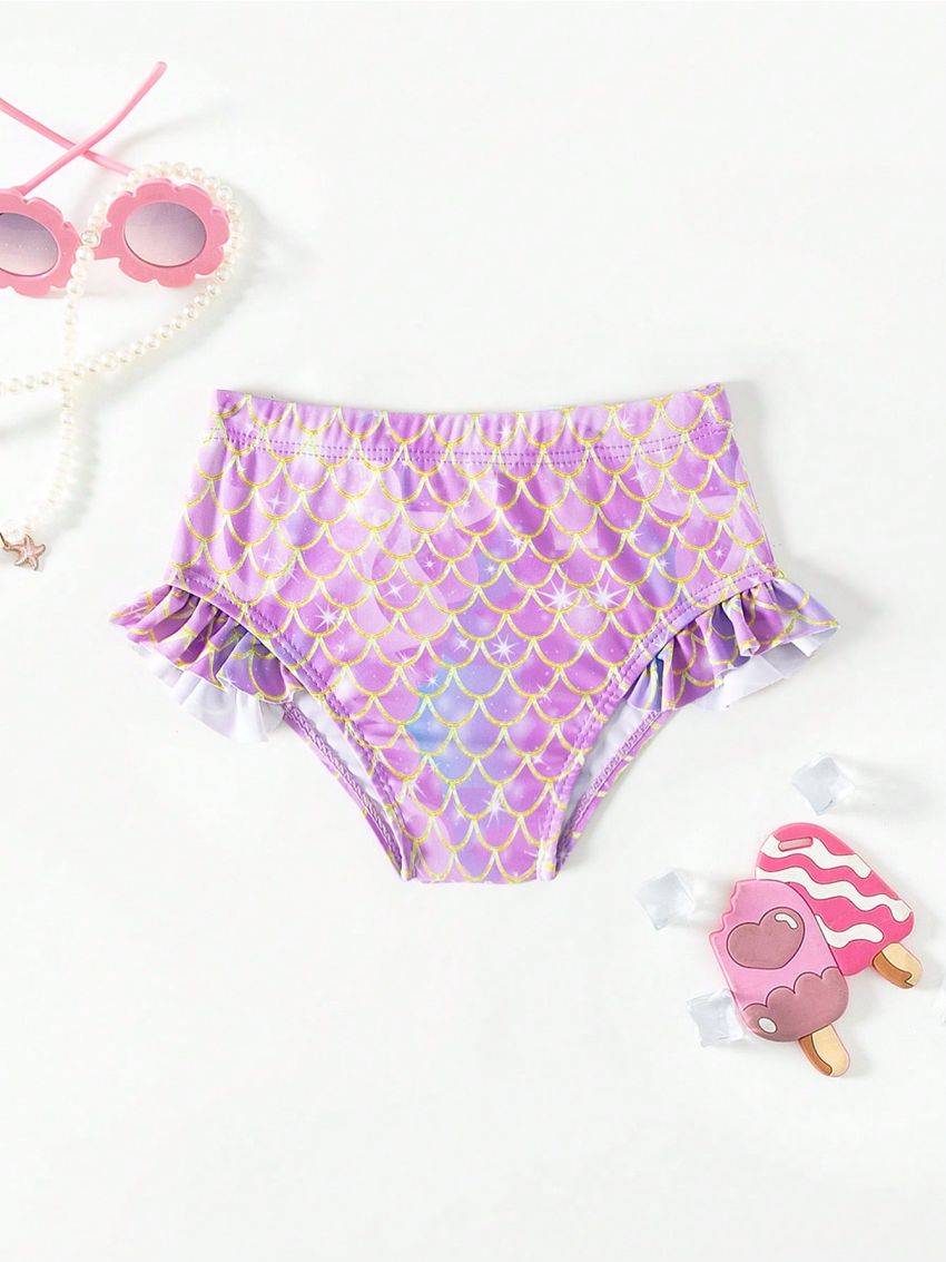 SHEIN Newborn Baby Girls' Ruffled Fish Scale Patterned Swimming Bottom