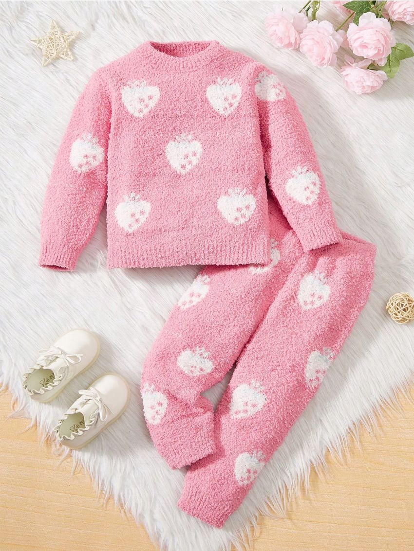 Baby Girls' Strawberry Pattern Round Neck Plush Sweater Set