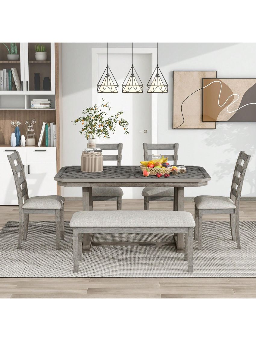 Nestfair Rubber Wood 6-Piece Dining Table Set with 4 Chairs and Bench