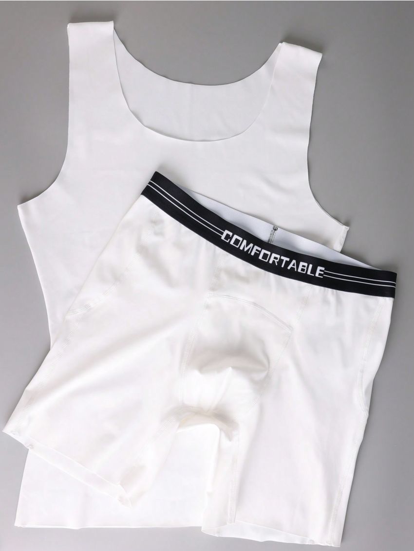 Men'S Shapewear Set Including Waist Trimmer & Long Leg Boxer Briefs With Letter Printed Band