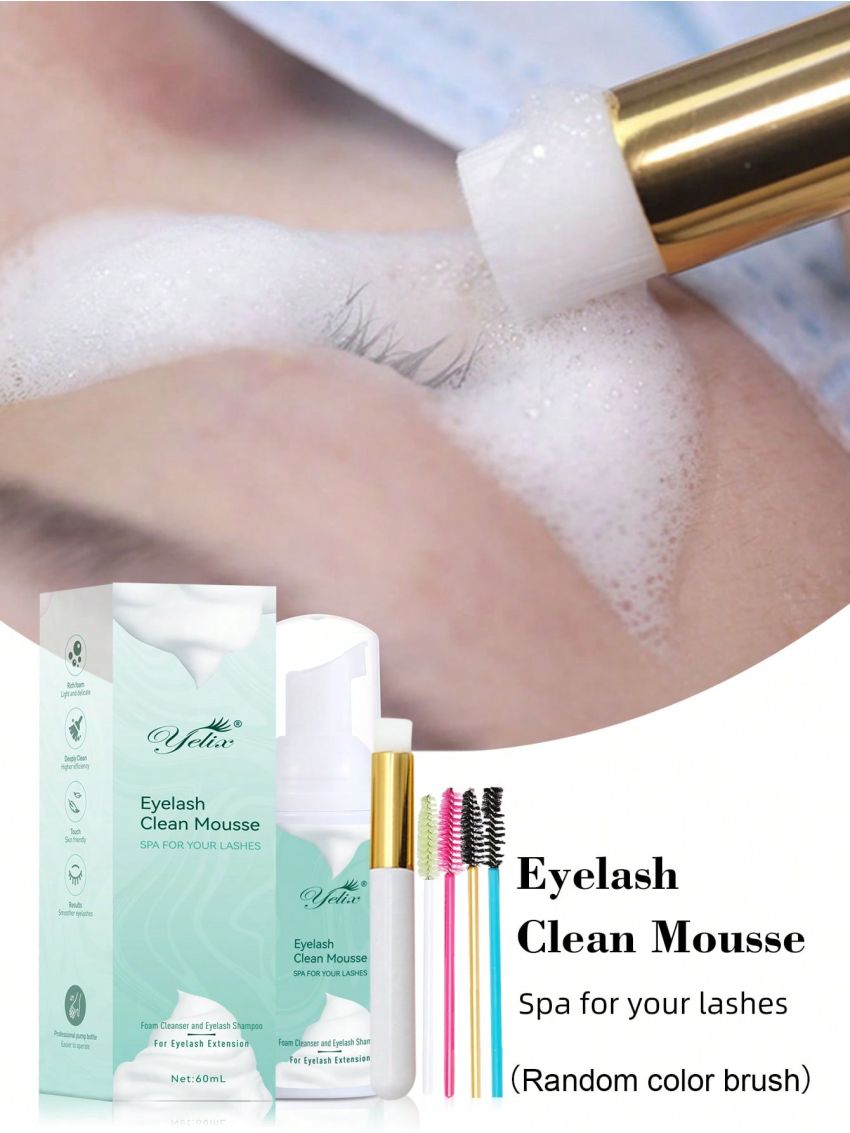 60mL Eyelash Shampoo Foam Lashes Cleanser For Eyelash Extension Gentle Shampoo + Brush for Makeup Remover Paraben & Sulfate & Oil Free for Salon and Home Use (Random Color Brush)