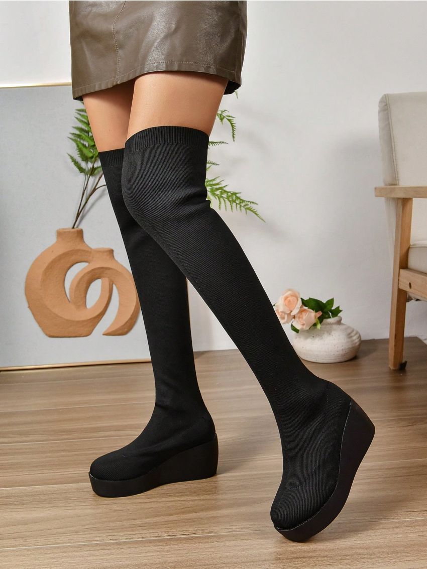 New Arrival Women's Fashionable And Versatile Black Knitted Wedge Heel Platform Boots For Comfort