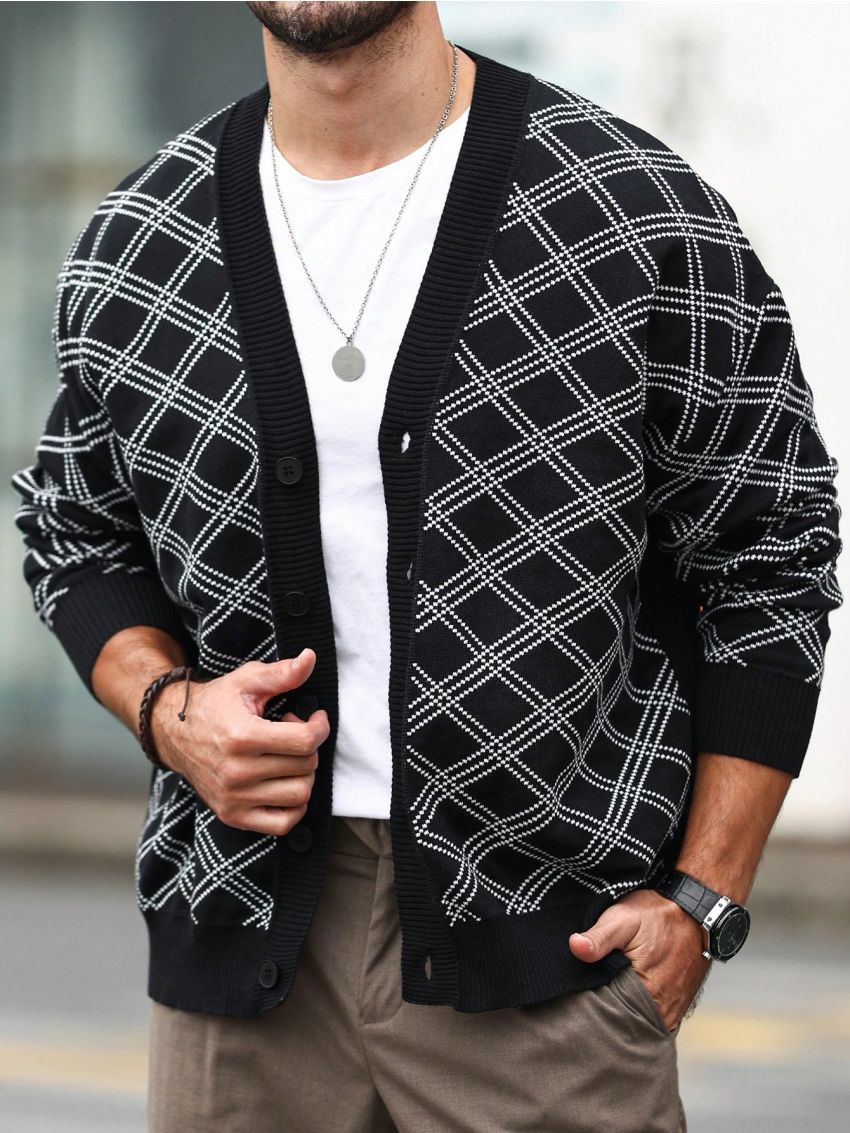 Men's Long Sleeve Button-front Plaid Cardigan Sweater