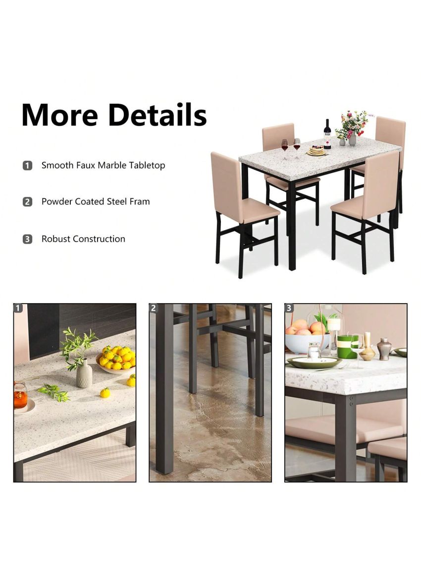 5-Piece Dining Table Set, Faux Marble Dining Table with 4 Upholstered Chairs, Dining Table Set for 4, 5-Piece Dining Room Table Set for Small Space, Breakfast Table and Chairs Set for 4, Home & Kitchen Sets